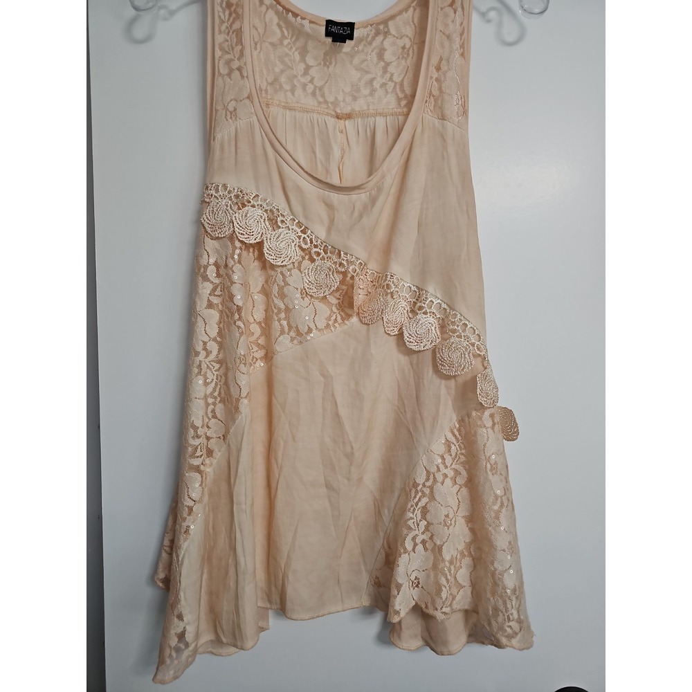 Fantazia Women's S Sleeveless Lace Embroidered Embellished flare Top Blush Peach